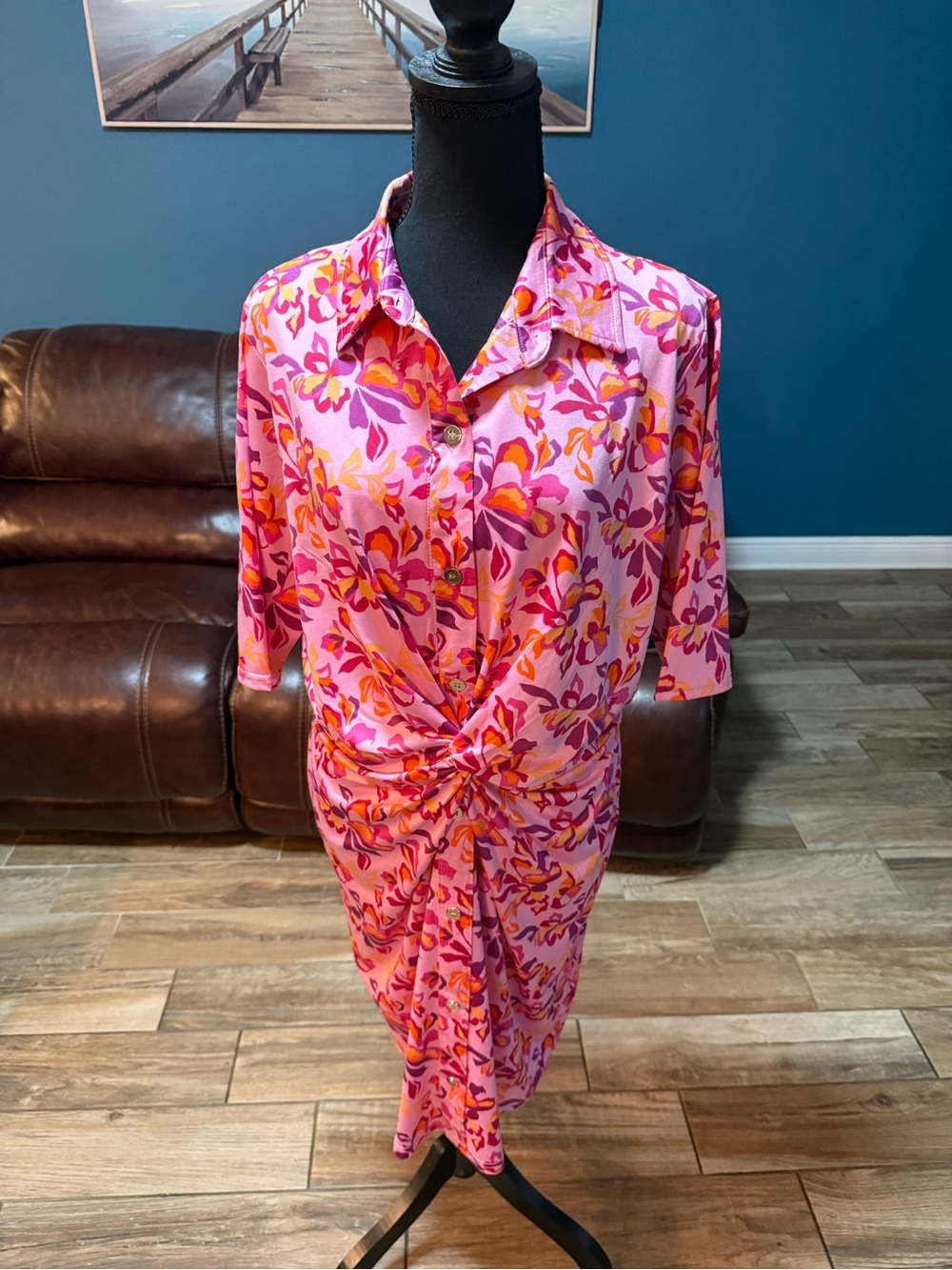 Vibrant Pink Floral Midi Shirt Dress with Knot Front